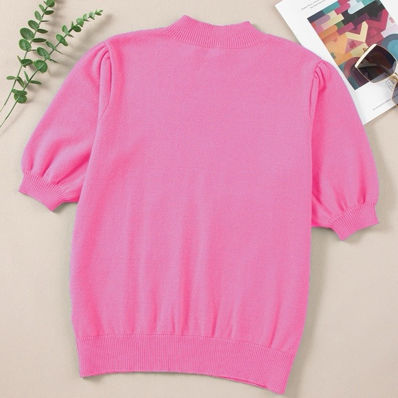 Flower Mock Neck Short Sleeve Sweater - Picture 9 of 10